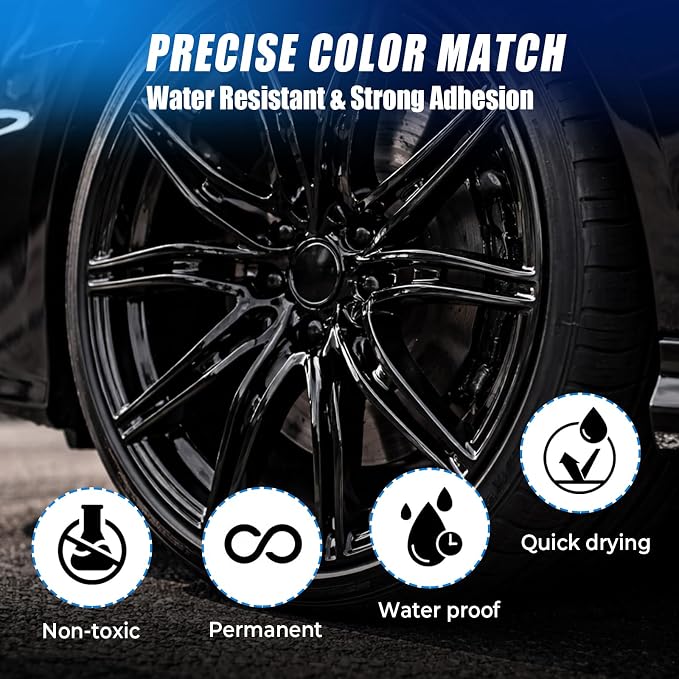 Gloss Black Rim Touch Up Paint, 2-in-1 Brush & Tip, 0.4 fl oz - Universal Black Rim Curb Rash Repair Kit for Scratches, Scuffs on Alloy/Metal Wheels, OEM Color Match, Quick-Dry & Long-Lasting