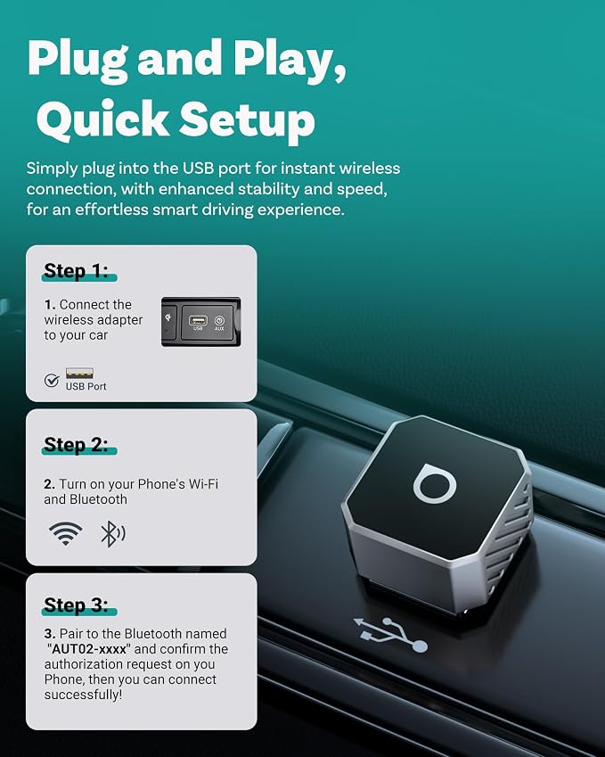 OTTOCAST Mini 3.0 Silver 2-in-1 Wireless CarPlay & Android Auto Adapter – Plug & Play for iPhone/Android, Dual-Phone Memory, Dual-Band WiFi (2.4/5GHz), Auto-Reconnect