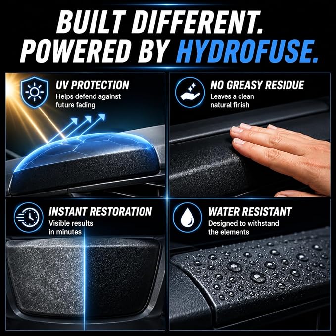 HydroRevive Instant Plastic Restorer | Bring Darker Plastic, Rubber, and Vinyl Back to Life! | User Friendly Exterior Trim Restorer | Safe Auto Detailing Supplies | 16.9 Oz Kit with Foam Applicator