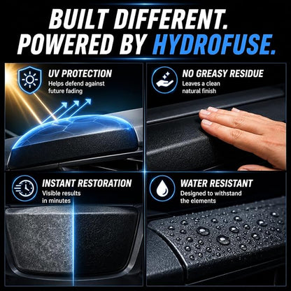HydroRevive Instant Plastic Restorer | Bring Darker Plastic, Rubber, and Vinyl Back to Life! | User Friendly Exterior Trim Restorer | Safe Auto Detailing Supplies | 16.9 Oz Kit with Foam Applicator