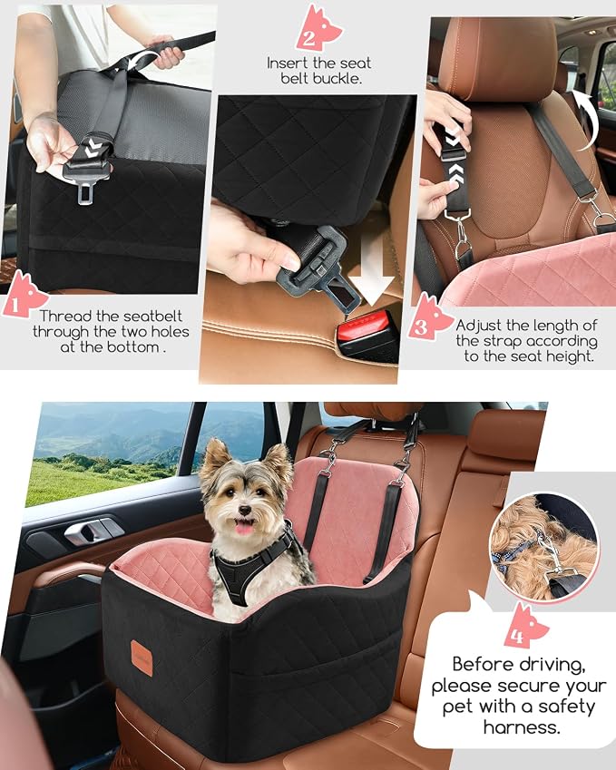 Lealchum Dog Booster Car Seat for Small/Medium Dogs,Puppy Portable Car Bed with Elevated Cushion,Fully Detachable and Washable,2 Storage Pockets,Easy to Install (Black/Pink, Medium)