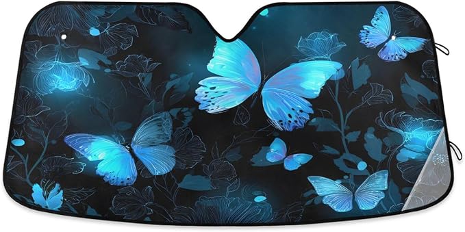 Windshield Sun Shade Blue Glowing Butterfly Dark Front Window Block UV Shades Visor Reflective Retractable for Car SUV Trucks