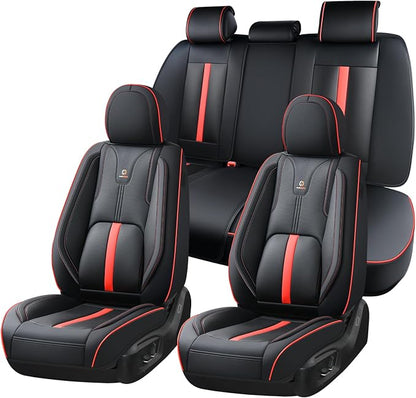 Huidasource Seat Covers Luxury Nappa Leather, Car Seat Cover with Velcro Adjustable, Airbag, Lumbar Support, Cooling and Heating, Seat Covers Full Set Universal Fit for Most Cars SUV Trucks, Black&Red