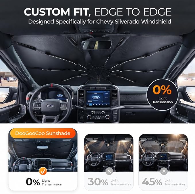 [2026 Upgraded] DooGooCoo Windshield Sun Shade Umbrella for Chevy Silverado [100% Sunlight Blocked, Cooling Ice Crystal] Sunshade for Car Windshield for Silverado Sun Shade 2019-2026.