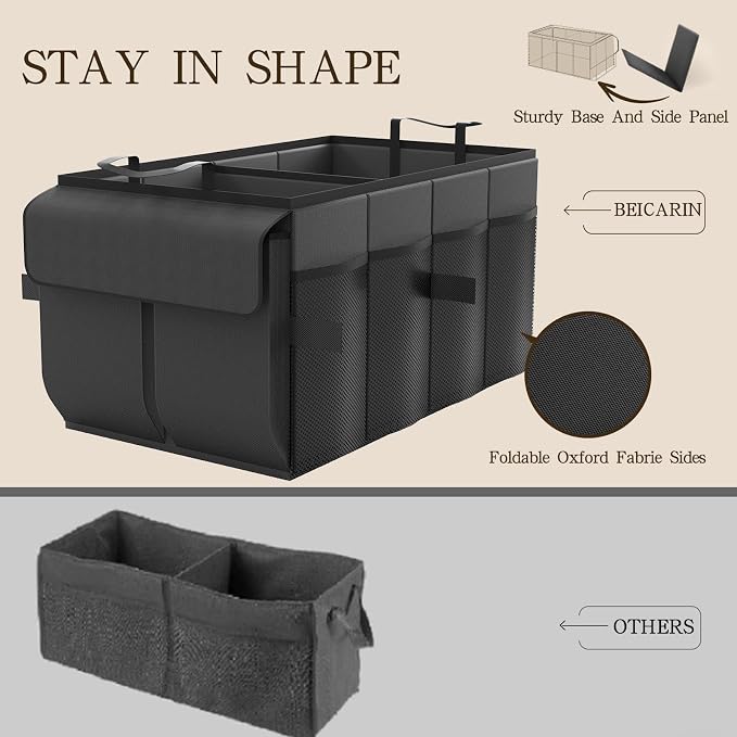 Beicarin Car Trunk Organizer Storage Box - Collapsible Car Boot Organizer Tidy Cargo Storage Box Accessories for SUV, MPV, Van, Size M, Black
