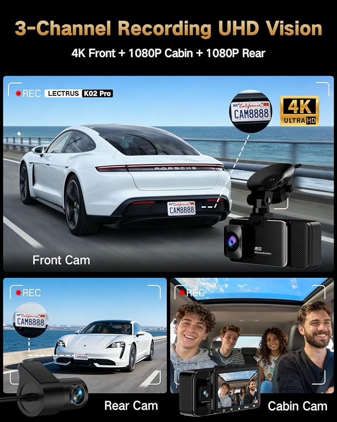 4K Dash Cam Front and Rear Inside, 3 Channel Dash Camera for Cars with 64GB SD Card, 5G WiFi Dash Cam, APP Control, Night Vision, 3" IPS Screen, G-Sensor, Loop Recording, K02 Pro