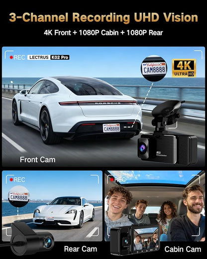 4K Dash Cam Front and Rear Inside, 3 Channel Dash Camera for Cars with 64GB SD Card, 5G WiFi Dash Cam, APP Control, Night Vision, 3" IPS Screen, G-Sensor, Loop Recording, K02 Pro