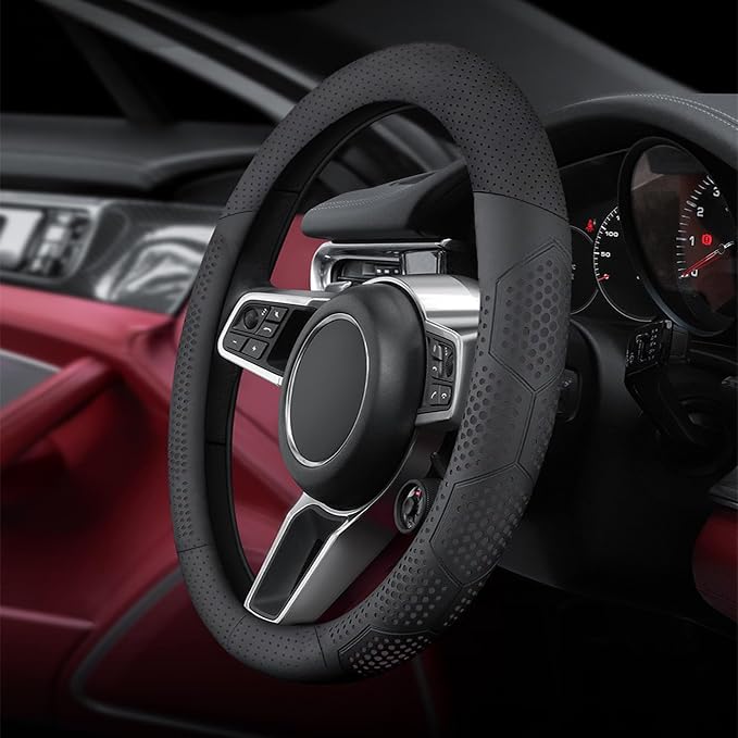 Yangday Leather Steering Wheel Cover for Jeep Wrangler Grand Cherokee Compass, 14.5-15 inches Car Steering Wheel Cover with Non-Slip Breathable (Black)