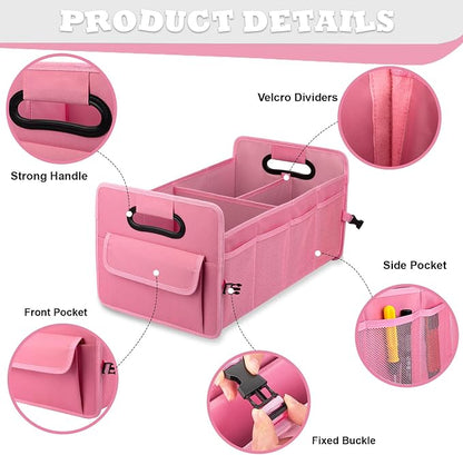 JiatuA Car Trunk Organizer, Car Organizers and Storage Collapsible Multi Compartment Container Box, Adjustable Car Accessories for SUV Sedan Truck, Large Size, Pink