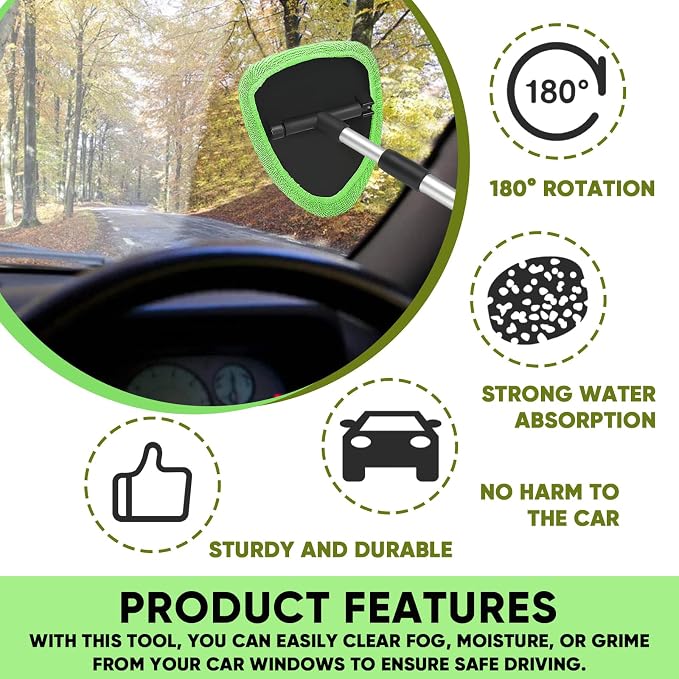 Car Window Cleaner, Car Cleanser Brush, Car Accessories Car Cleaning Supplies Tools, Car Cleaning Kit with Extendable Handle, Microfiber Cloth, Spray Bottle, Fits All Cars (Green)
