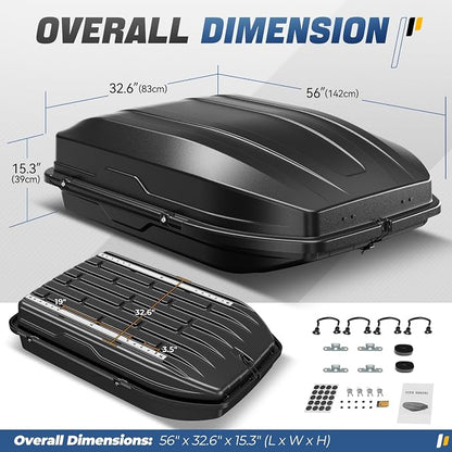 Auto Dynasty Roof Top Mount Car Storage Travel Luggage Box Cargo Carrier, 56.3 (L) x 36.8 (W) x 16.25 (H) Inches, Capacity 110 Pounds, 13 Cubic Feet (Tool-Free Install), Textured Black Finish