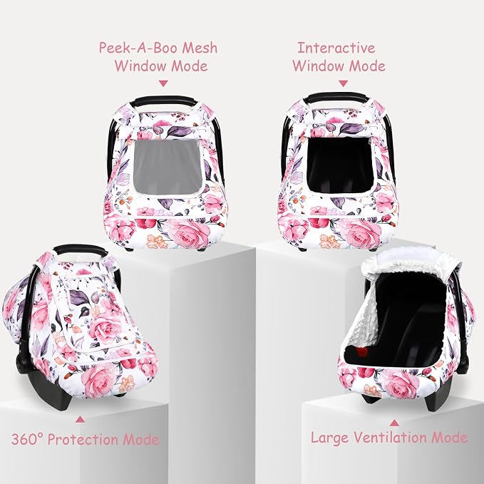 Winter Car Seat Cover Baby with Sunshade & Dual Zipper Windows - Minky Bubble Lined Windproof Soft Shell, Warm Newborn Car Seat Canopy Covers, Elastic Bottom for Stroller & Infant Car Seat, Floral
