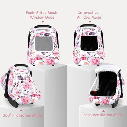 Winter Car Seat Cover Baby with Sunshade & Dual Zipper Windows - Minky Bubble Lined Windproof Soft Shell, Warm Newborn Car Seat Canopy Covers, Elastic Bottom for Stroller & Infant Car Seat, Floral