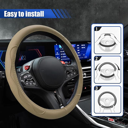 Car Steering Wheel Cover, 15 Inch Leather Anti-Slip Breathable Automotive Steering Wheel Protector, Universal Heat Resistant Vehicle Interior Accessories Cars, SUVs, Trucks(Beige)