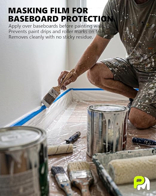 Pre-Taped Masking Film for Painting(2 Rolls) - 22" x 66'Painters Plastic Sheeting with Tape and Drape, Painters Drop Cloth for Automotive & Home, Cover for Walls/Floors/Windows/Cars Protection