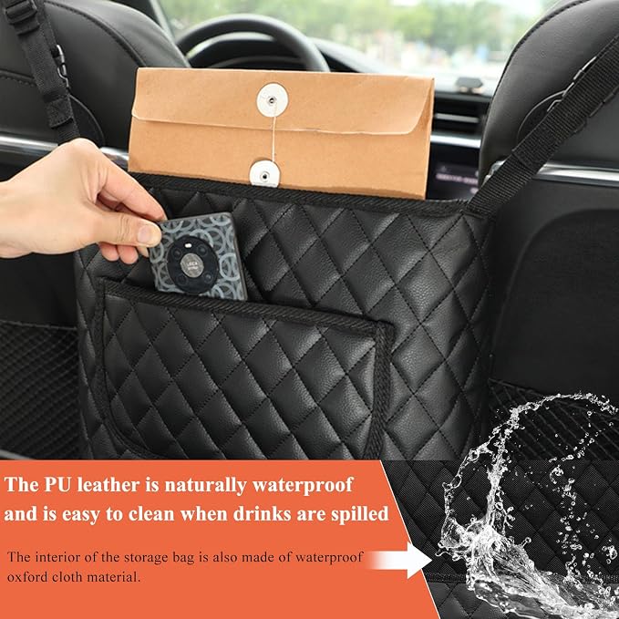 povtii Car Purse Holder Between Seats, Large Capacity Leather Auto Front Seat Handbag Organizer Pocket, Backseat Barrier Storage Bag for Kids Pet, Universal Interior Car Accessories