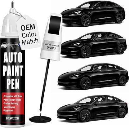 Touch Up Paint for Cars (Solid Black PBSB), Compatible with Tesla Model Y/3/X/S, 0.4 fl oz Color Accurate 2-in-1 Car Paint Scratch Repair Pen, Easy to Use, Fast-Drying, Long-Lasting