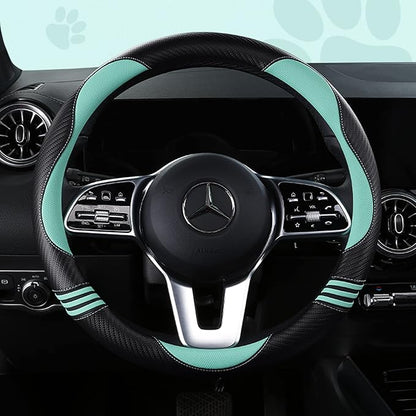 HighnessHwoo Car Steering Wheel Covers for Women Girl Padded Carbon Fiber PU Leather Cute Cartoon Auto Interior Accessories for Jeep, Truck, Universal, Anti Slip, Green, Large Size, 15.2-16in