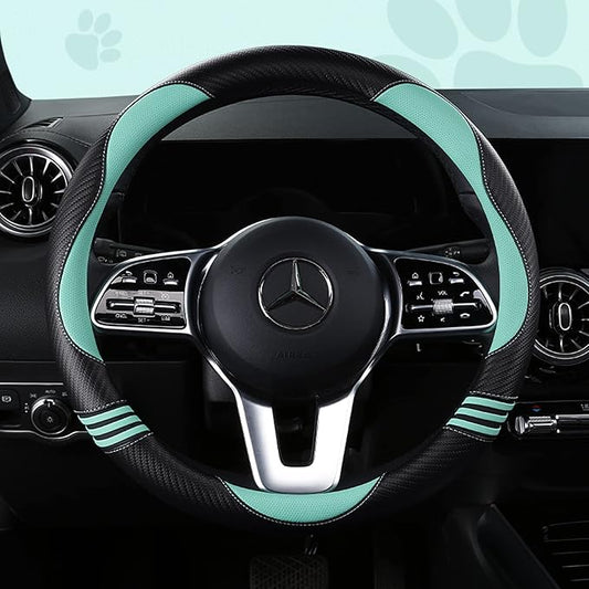 HighnessHwoo Car Steering Wheel Covers for Women Girl Padded Carbon Fiber PU Leather Cute Cartoon Auto Interior Accessories for Jeep, Truck, Universal, Anti Slip, Green, Large Size, 15.2-16in
