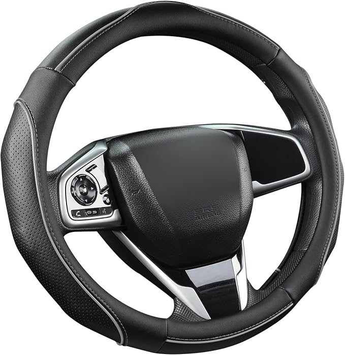 West Llama 3D Piping Leather Steering Wheel Cover for Honda Accord Civic CR-V HR-V Pilot Fit Passport Odyssey 14.5-15 inch(Black+Gray Line-Standrad Size)