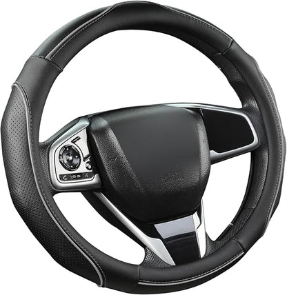 West Llama 3D Piping Leather Steering Wheel Cover for Honda Accord Civic CR-V HR-V Pilot Fit Passport Odyssey 14.5-15 inch(Black+Gray Line-Standrad Size)