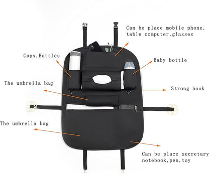 Premium PU Leather Backseat Seat Organizer with Foldable Table, Multi-Storage Pockets and Adjustable Buckle Strap for Automobiles