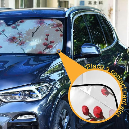 Cars Front Sun Shade Windshield,Foldable Reflective Sun Visor Cherry Blossoms Pink Red Windshield Sunshade Cover,Blocks UV Ray Sun Protect Interior Keep Cool,53" x 23.5 "