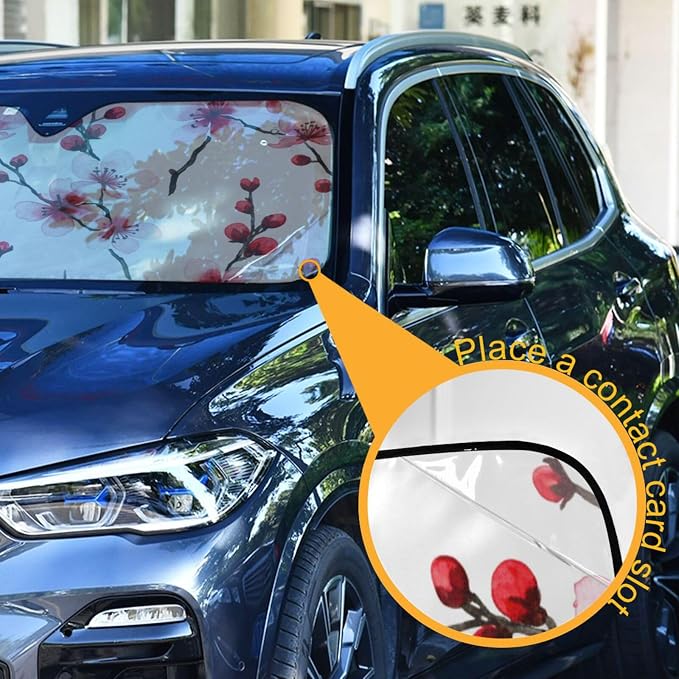 Cars Front Sun Shade Windshield,Foldable Reflective Sun Visor Cherry Blossoms Pink Red Windshield Sunshade Cover,Blocks UV Ray Sun Protect Interior Keep Cool,55" x 27.6"