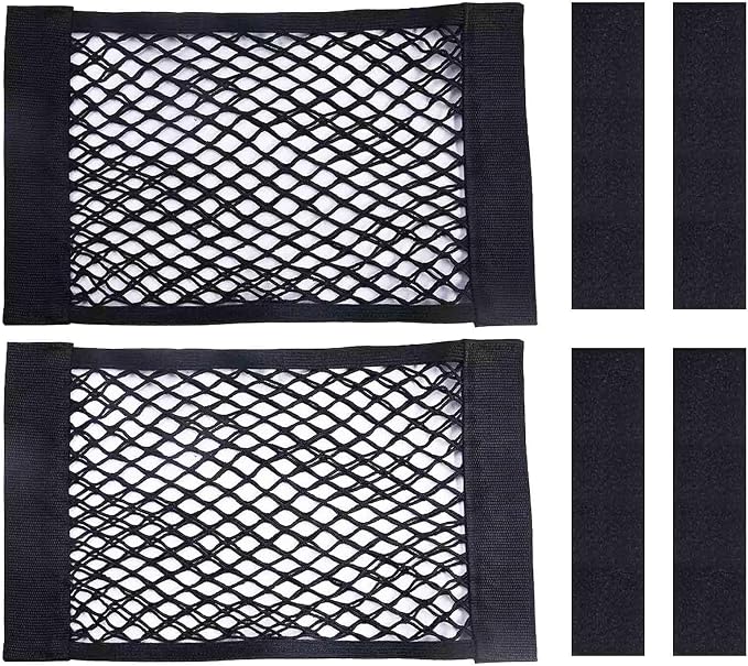 2PCS Universal Car Cargo Net with Adhesive Tape, 9.8×15.7in Trunk Storage Mesh Pocket Wall Mount Organizer Bag for Car RV SUV Boat Truck Camper Van Trailer (Black)