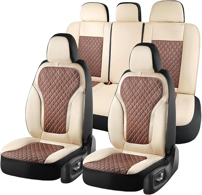 Coverado Car Seat Covers Full Set, Beige Brown Car Seat Covers, Luxury Diamond Leather Car Seat Cover with Carbon Fiber Weave, Spill-Proof Seat Cushions, Automotive Seat Cover Universal Fit Most Cars