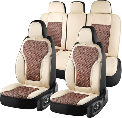 Coverado Car Seat Covers Full Set, Beige Brown Car Seat Covers, Luxury Diamond Leather Car Seat Cover with Carbon Fiber Weave, Spill-Proof Seat Cushions, Automotive Seat Cover Universal Fit Most Cars