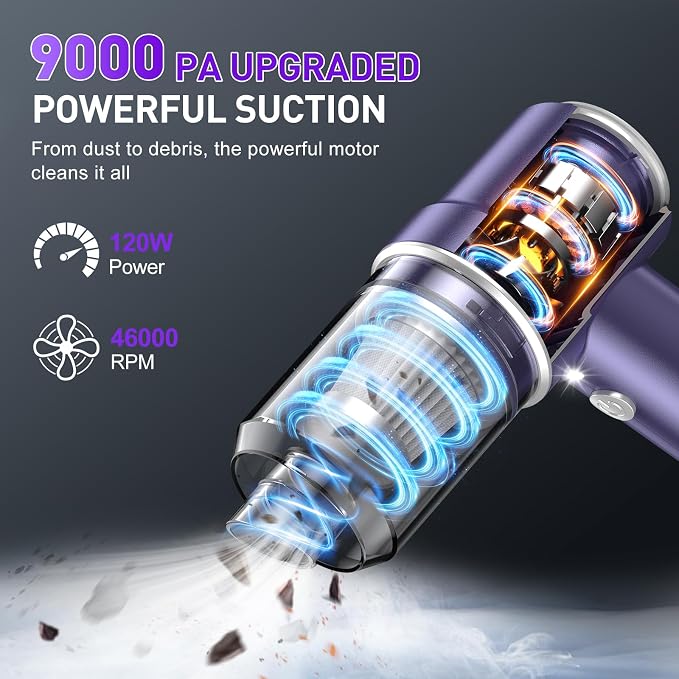 KMM Handheld Car Vacuum Cleaner, 9000PA Vacuum Cleaner & Air Duster, 120W High Power Vacuum Portable Cordless, Hand Held Vacuum Rechargeable with Multi-Nozzles & LED Light for Home, Car, Office