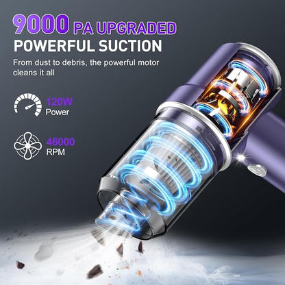 KMM Handheld Car Vacuum Cleaner, 9000PA Vacuum Cleaner & Air Duster, 120W High Power Vacuum Portable Cordless, Hand Held Vacuum Rechargeable with Multi-Nozzles & LED Light for Home, Car, Office