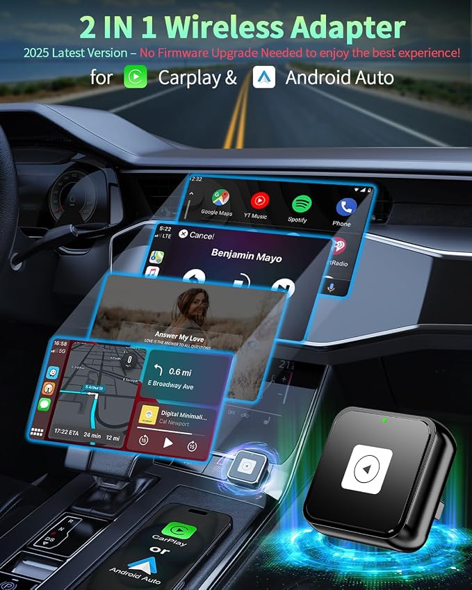 Wireless CarPlay & Android Auto Adapter 1-Inch (2.54cm) - Discreet Plug & Play, Stable Connection for Music/Navigation, Works with iPhone iOS 10+ & Android 11+,for 98% of Cars (2016-2025) (Black)