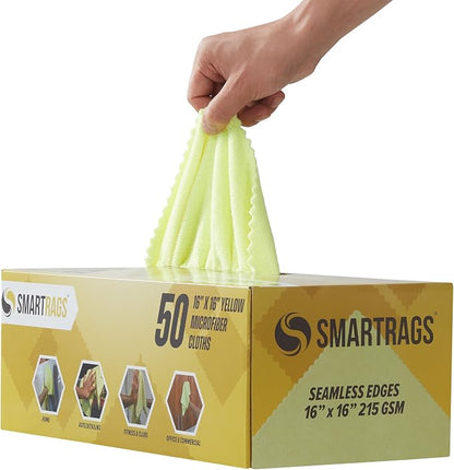 Arkwright Smart Rags Microfiber Cleaning Cloths, Pack of 50 in a Box, Lint Free 215 GSM Reusable Towels for Auto, Office and Household Cleaning, 16 x 16 in, Yellow