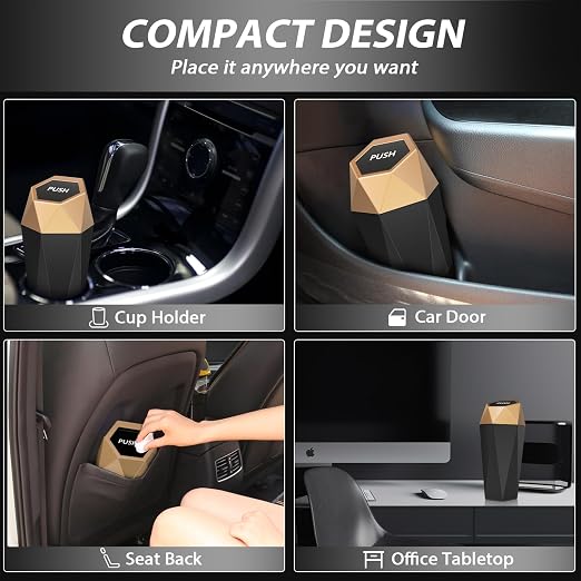 Car Cup Holder Trash Can, Car Trash Can with Lid, Mini Portable Trash Bin for Cars, Small Automatic Garbage Bin, Leakproof Cup Holder Trash Bin for Auto,Home,Office, Car Accessories (2, Gold)