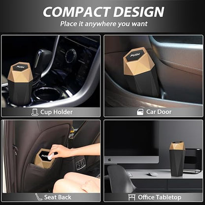 Car Cup Holder Trash Can, Car Trash Can with Lid, Mini Portable Trash Bin for Cars, Small Automatic Garbage Bin, Leakproof Cup Holder Trash Bin for Auto,Home,Office, Car Accessories (2, Gold)
