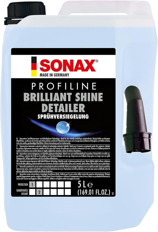 SONAX Brilliant Shine Detailer | High-Gloss Quick Detailer | Enhances Paint Shine, Luster & Depth | Water-Repellent Protection | Waterless Wash | Removes Dust & Light Contaminants | 287500 | 5L