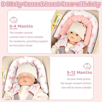 Infant Car Seat Insert with 2 Strap Pads, Carseat Cushion Baby Boy & Girl, Soft and Comfortable Carseat Head Support for Newborn, Pink Bow