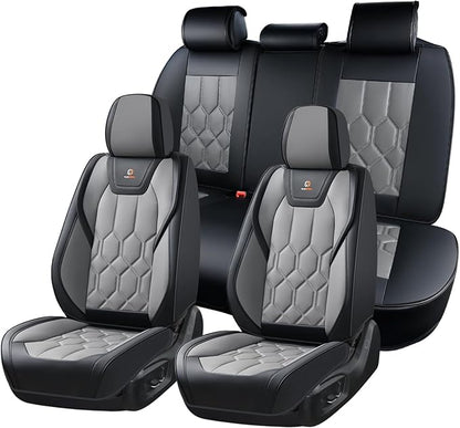 Huidasource Leather Car Seat Covers Full Set, Full Coverage Universal Fit for Most Cars SUVs Trucks, Easy Install with Velcro, Airbag Compatible, Retains Seat Functions & Cupholders, Black & Gray