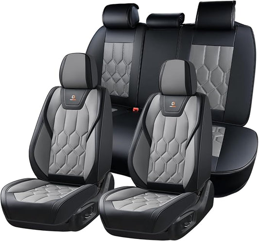 Huidasource Leather Car Seat Covers Full Set, Full Coverage Universal Fit for Most Cars SUVs Trucks, Easy Install with Velcro, Airbag Compatible, Retains Seat Functions & Cupholders, Black & Gray