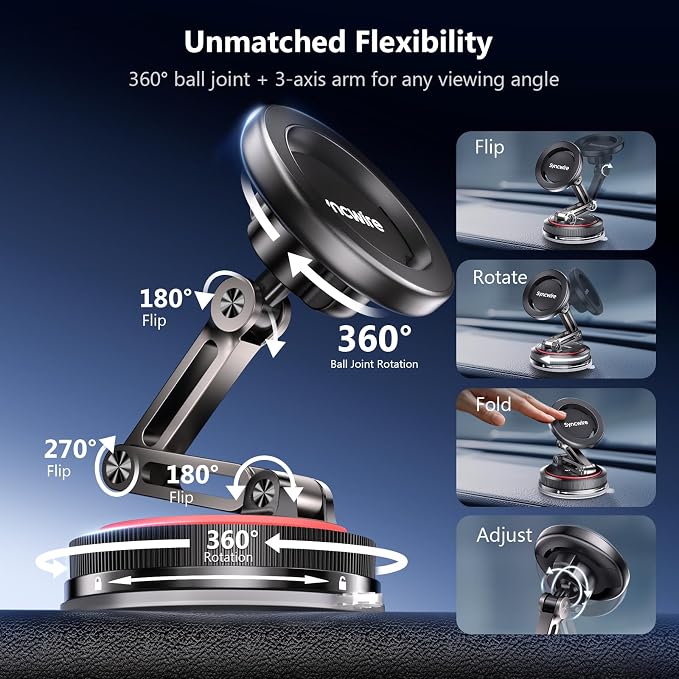 SYNCWIRE for MagSafe Car Mount [3-Axis] Nano Adhesive Gel + Strong Suction Cup Magnetic Phone Holder for Dashboard & Windshield, 360° Adjustable for iPhone 17 16 15 14 13 12, Samsung, Matte Black