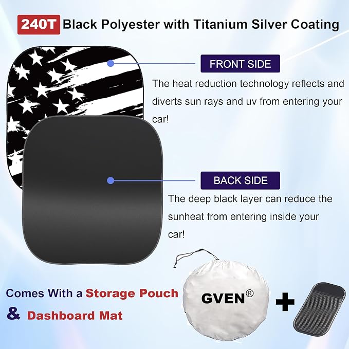 Gven Windshield Sun Shade for Car 2-Piece Foldable Sunshade for Front Windows, Blocks UV Rays, Automotive Interior Sun Protection Car Summer Accessories（US Flag,M）