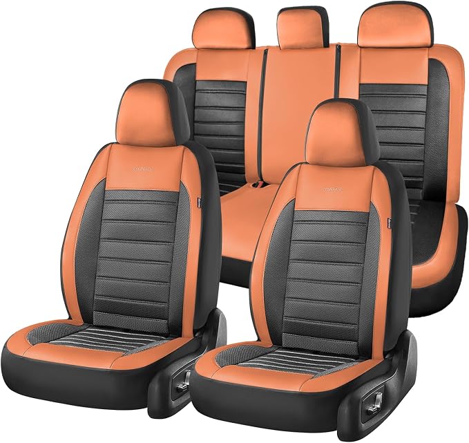 Coverado Car Seat Covers Full Set, Luxury Leather Car Seat Protector, Automotive Front and Rear Mesh Seat Covers, Full Set 5 Seats, Orange&Black Seat Cushion for SUV Sedan Truck