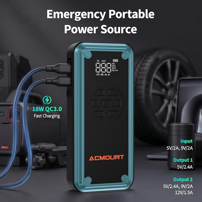 W160 Jump Starter with Air Compressor, 5000A Portable Car Jump Starter 150PSI Tire Inflator/Air Pump, 12V Battery(Up to 9L Gas/8L Diesel Engine) Jump Pack Car Emergency Kit Idea Gift for Man (Blue)