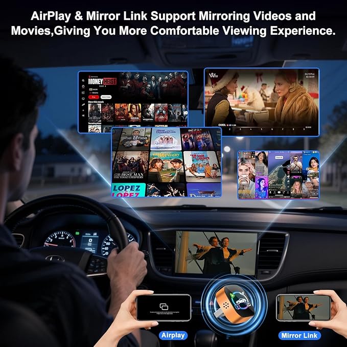 Wireless CarPlay Adapter 4 in 1 Car Screen Mirroring Adapter to Play TV on Car Screen for iPhone & Android, Upgrade Support Airplay&Mirror Link,CarPlay&Android Auto,Wired to Wireless,Plug and Play