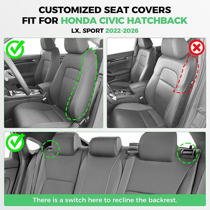 for Honda Civic Leather Seat Covers, Hatchback Sport LX 2022-2026, Custom Fit Car Seat Cover Full Set, Waterproof Accessories, Black (60/40 Split Benches-W/O Rear Armrest)