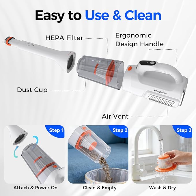 Heapsion Handheld Vacuum Cleaner Cordless, 7000Pa Suction, Portable Pet Hair Vacuum, 30-Min Runtime Rechargeable Type-C, Lightweight with Telescopic Tube for Car, Home & Office, with Telescopic Tube