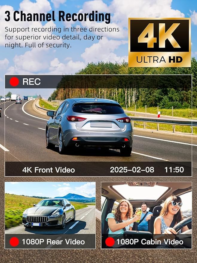 3 Channel 5G WiFi Dash Cam, 4K+1080P+1080P Dash Cam Front and Rear with 64GB Card, Dash Camera for Car with HDR IR Night Vision, G-Sensor, 24/7 Parking Mode, WDR, Support 128GB Max - Silver