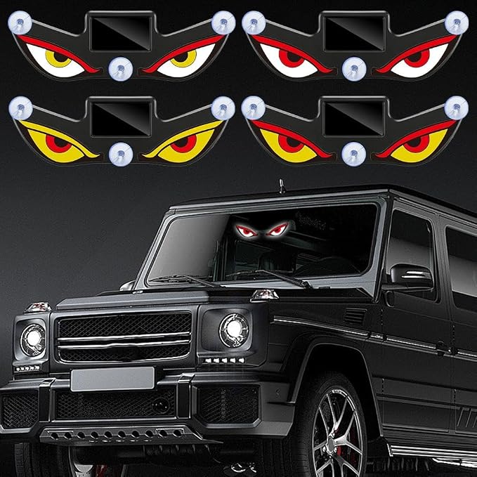 Solar Demon Eye LED Car Window Light, Waterproof Devil Eyes Light No Drill Suction Cup Dynamic Windshield Ambient Lamp, Solar USB Powered Flicker Signal Warning Lights for SUV Trucks (Type 2,1-Pack)